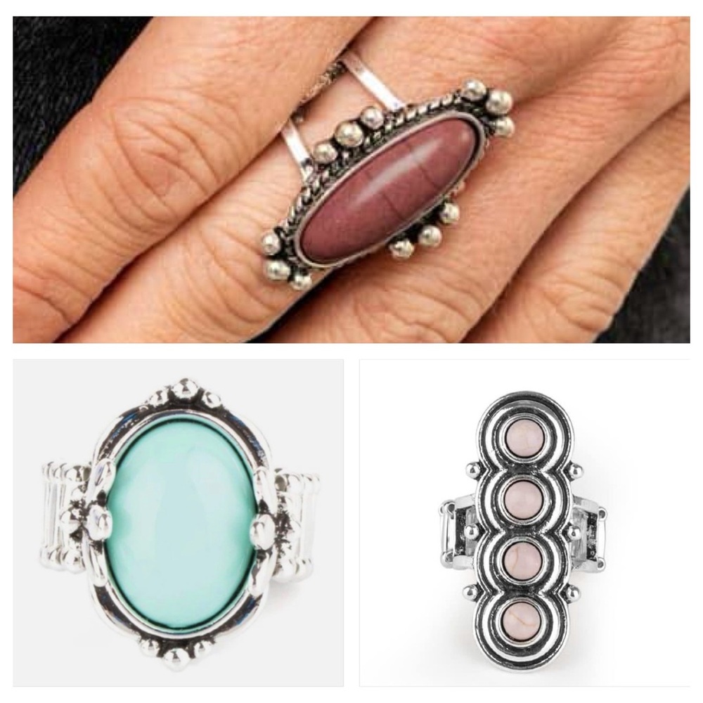 Boho silver and multi colored stone rings- 3 rings included